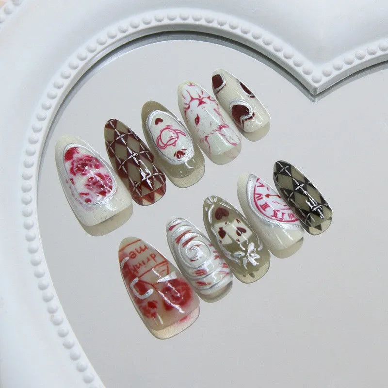 30pcs 3D Dream Rose Press on Nails Heart & Animal Wave Fake Nail Short Almond Full Coverage Nail for Women&Girl False Nail Art