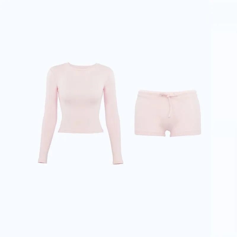 Casual Suit Women's Spring/summer Pink O-neck Long-sleeved T-shirt High Waist Shorts Two-piece Set Fashion Female Clothes