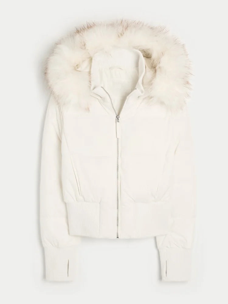 Chic Full Sleeve Zipper Pocket Cropped Jacket Fashion Women's Faux Fur Hooded Quilted Coat 2025 Winter New Lady Padded Outerwear