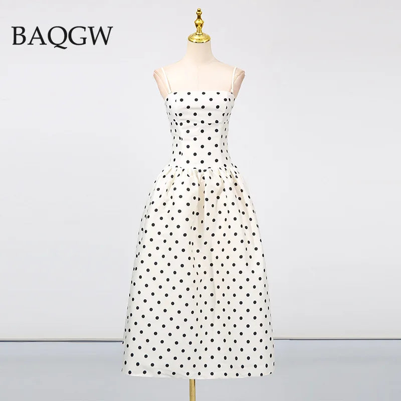 Vintage Dot Printing Slimming Long Dresses for Women Square Collar Sleeveless Backless High Waist Elegant Dress Female Style New