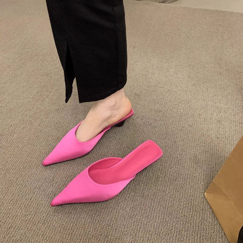 New Luxury Pointed Toe Women Mules Slipper Fashion Candy Color Ladies Elegant Dress Sandal Square Low Heel Slip on Slides Shoes