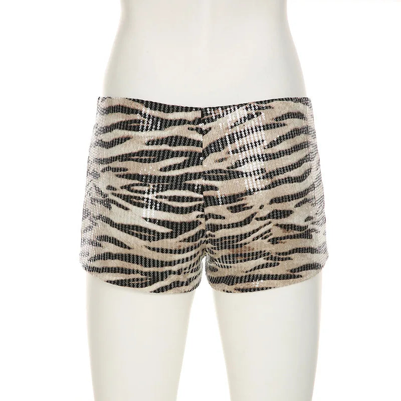 Cute Womens Zebra Print Sequin Shorts Low Waist Casual Summer Hot Short Women's Daily Summer Short Pants Y2K Streetwear