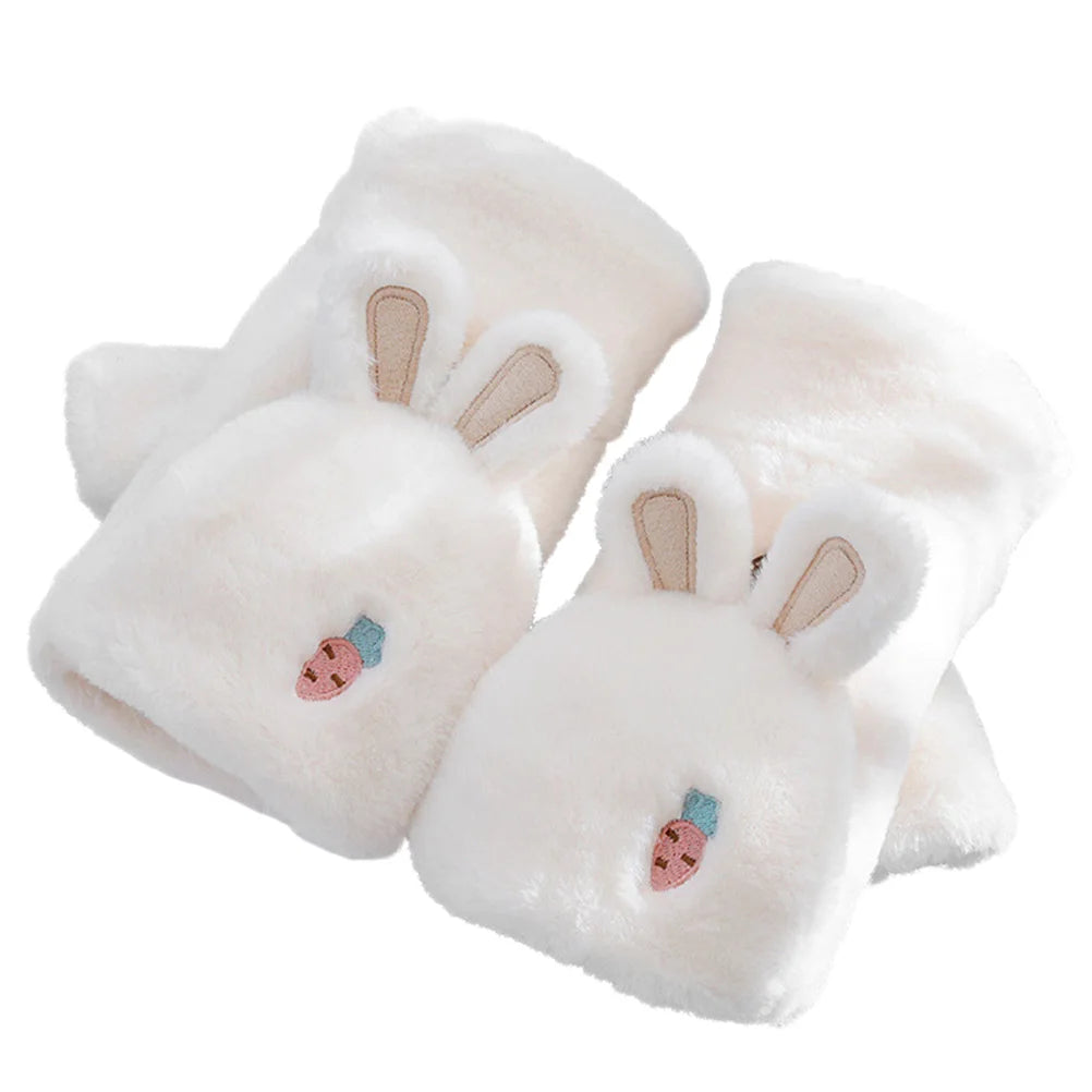 1 Pair Fingerless Winter Gloves Warm Polyester Lined Rabbit Ear Design Hand Protectors For Women Touch Screen Mittens Cycling