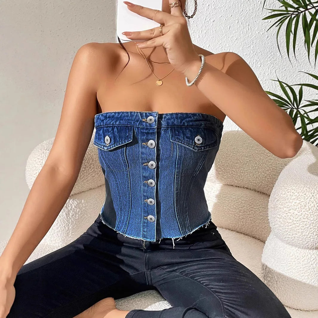 Y2K Washed Denim Strapless Backless Crop Top | Inspired by Sophia