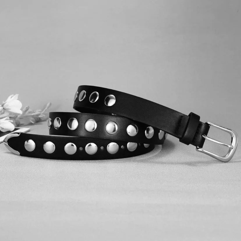 Women 105CM Long 3cm Wide Leather Belt New Hip-hop Punk Style Large Rivet Pin Buckle Belt Versatile Jeans Belt Skirt Waist Belt