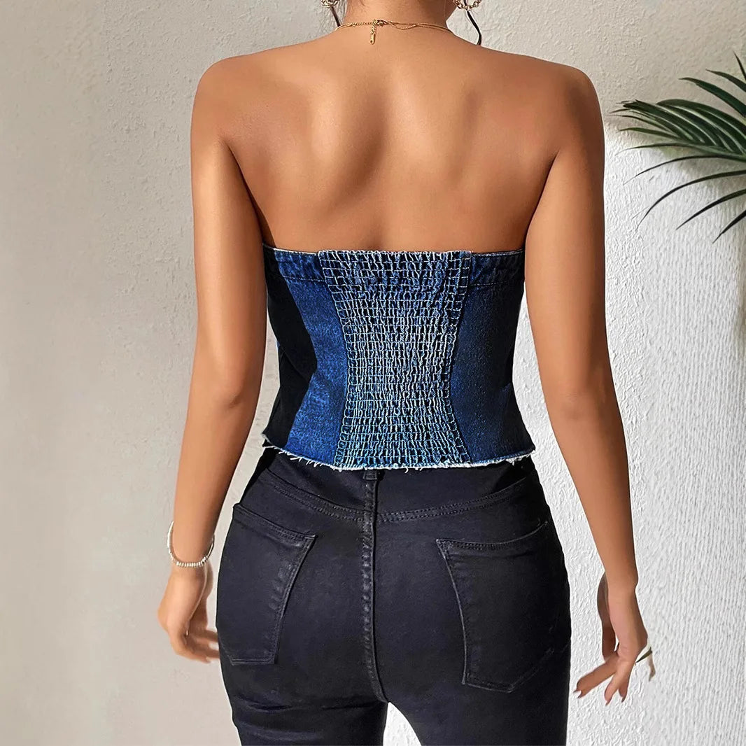 Denim Strapless Top Women Sleeveless Crop Tops Sexy Backless Single Breasted Washed Distressed Streetwear Y2k Camis Tanks Summer