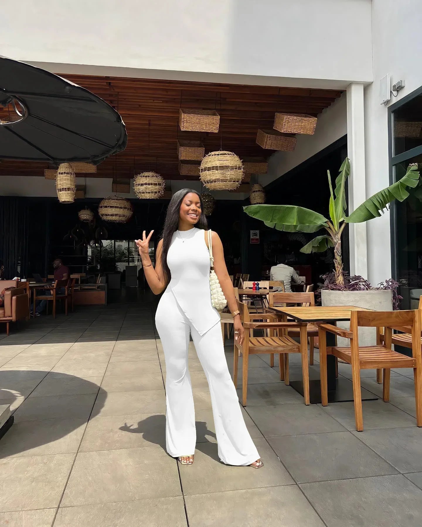 Two Piece Sets Women Pant Sets Elegant Bodycon Pants Sleeveless Matching Sets Sexy Side Irregular Tank Top Flare Leg Tracksuit