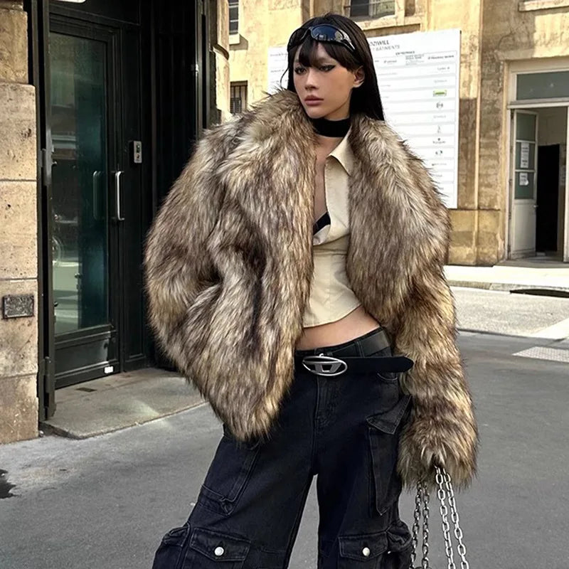 Long Faux Fur Coat Women Autumn Winter Large Jacket Overcoat White Turn Down Collar Pockets Thick Coat Warm Jackets Maxi Coats