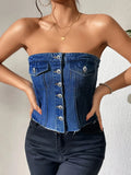Y2K Washed Denim Strapless Backless Crop Top | Inspired by Sophia