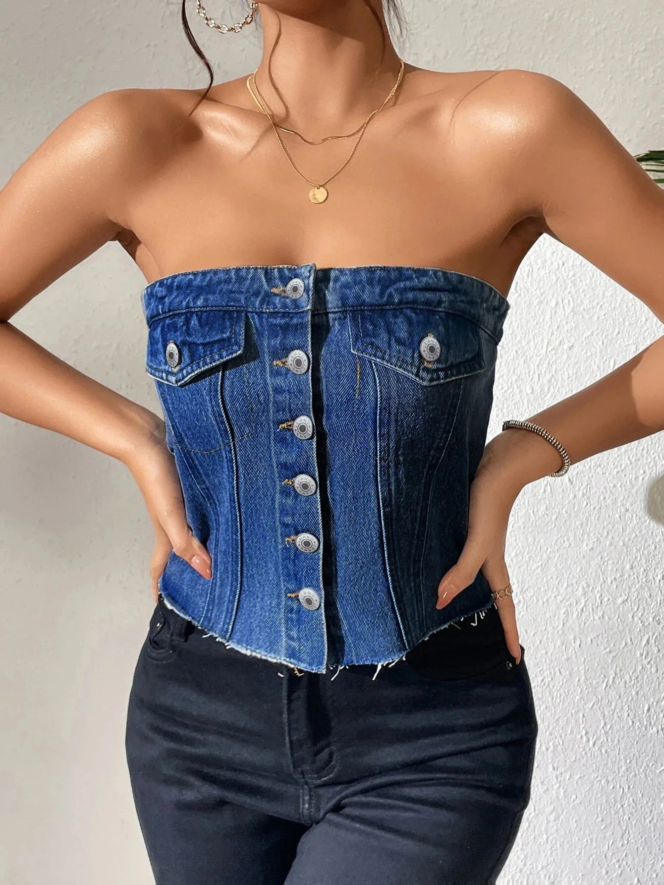Denim Strapless Top Women Sleeveless Crop Tops Sexy Backless Single Breasted Washed Distressed Streetwear Y2k Camis Tanks Summer