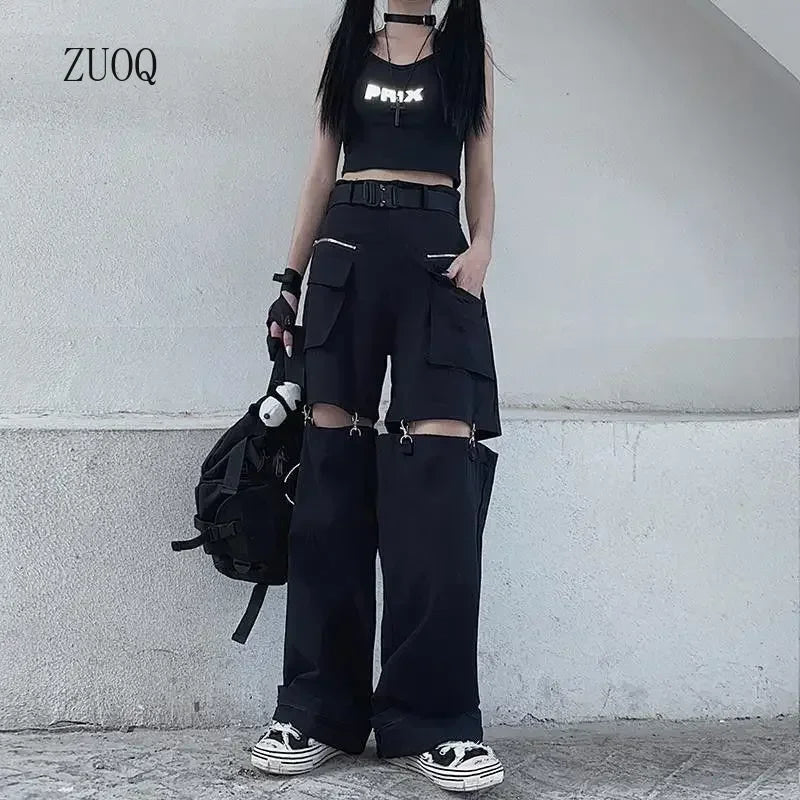 New Fashion Black Pants Women 2025 Detachable Casual Korean Cargo Wide Leg Pant Woman