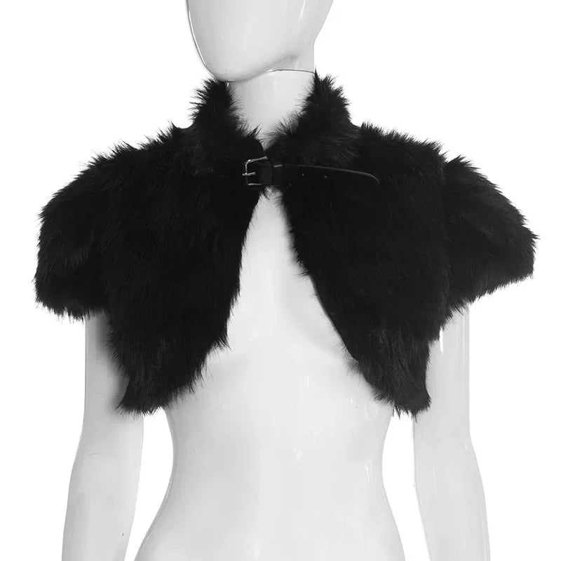 【Ready For Ship】Yellow Faux Fur Cropped Jackets Women Fall Winter Fashion Slim Sleeveless Vests Turn-Down Collar Buckle Belts Fu