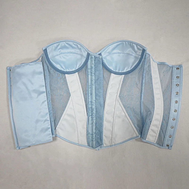 Women Fancy Corset Bustier Over Bust With Cups Bodice Lace Up Bone Tube Tops Wedding Party Satin Mesh Shaping Tops Wedding Party