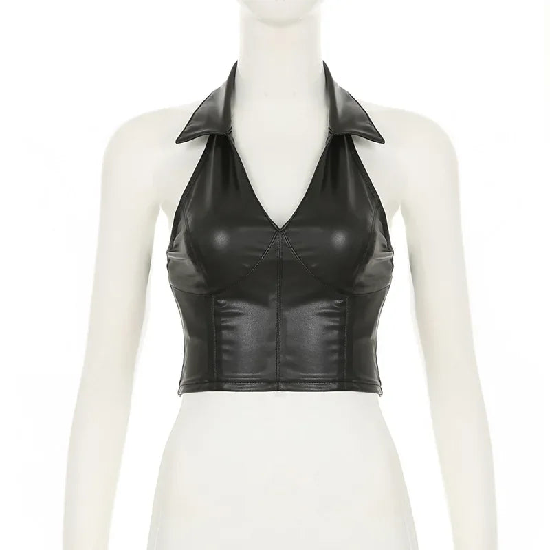 2025 New Vintage Dark Faux Pu Leather Hlater Crop Tops Gothic Cyber Y2K Backless Zip Tanks Top Women Retro Sleeveless Tee Vests