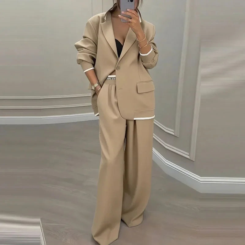 Women's Pants Suit Loose Solid Color Autumn Winter Commuting Long sleeved Lapel Top Wide leg Trousers Two piece Set Clothing