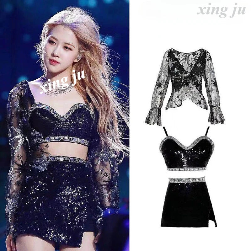 Kpop Korean Singer Women Y2k Stage Dance Shiny Sling Tops Jazz Dancewear Performance Costume Sequins Skirt Sexy Festival Outfits