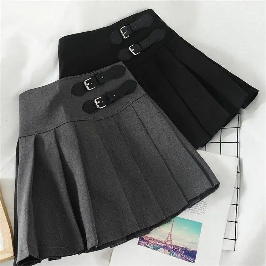 Buckle Pleated Mini Skirt High Waist Short Skirts Women Skort Y2K Black Goth Academia Preppy Style