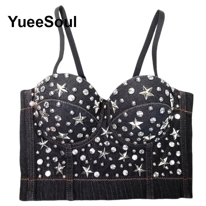 Denim Crop Tops Pearl Tassel Diamond Flower Blue Sleeveless Sexy Corset 2000s 2026 Summer New Y2K Party Evening Woman Clothes