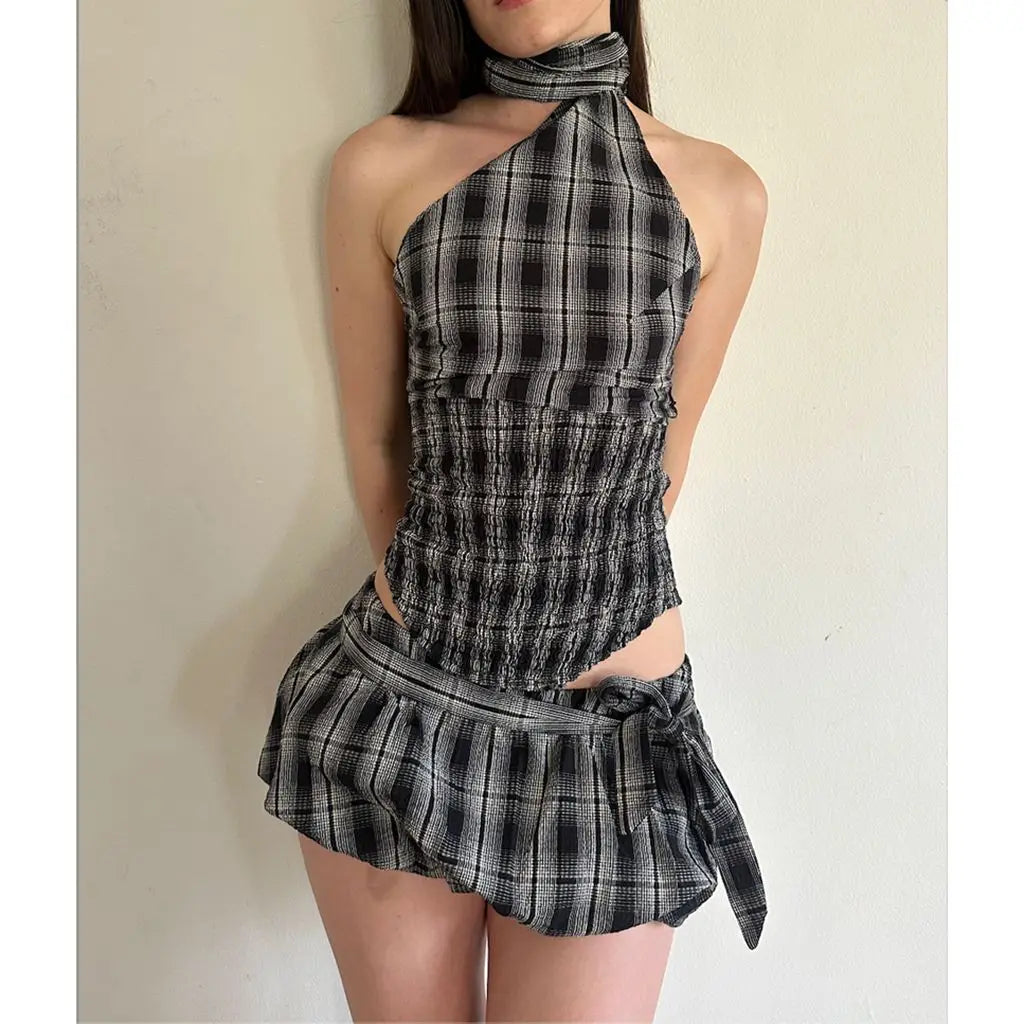 Combhasaki Womens Y2K Plaid/Dots Print 2Piece Outfits Set Halter One Shoulder Smocked Vest+Low Waist Mini Bubble Skirt with Belt