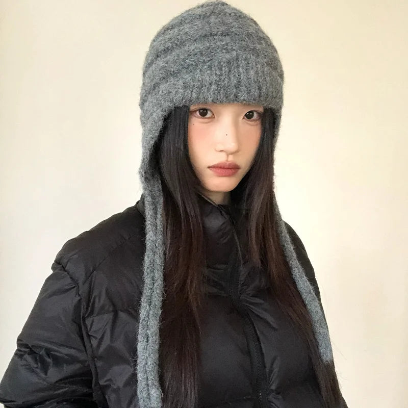 Grey Thickened Knitted Hat With Ear Protection For Women New Autumn And Winter Style Warm And Slimming Versatile Beanie
