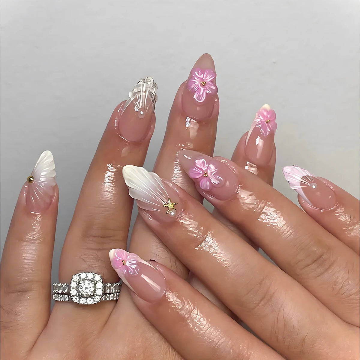 24Pcs Almond Press on Fake Nails Wearable Red Purple Blusher Halo Design False Nails Acrylic Full Over Simple Fashion Nail Tips
