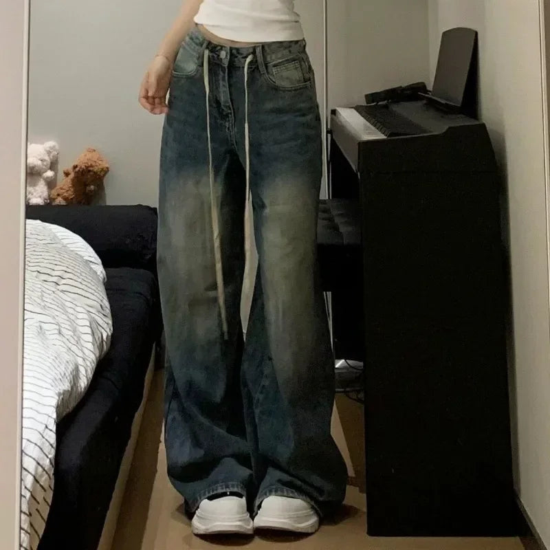 Harajuku Vintage Drawstring High Waist Loose Jeans 2023 Autumn Pants Winter Women's Y2K Wide Leg Baggy Streetwear Denim Trouser