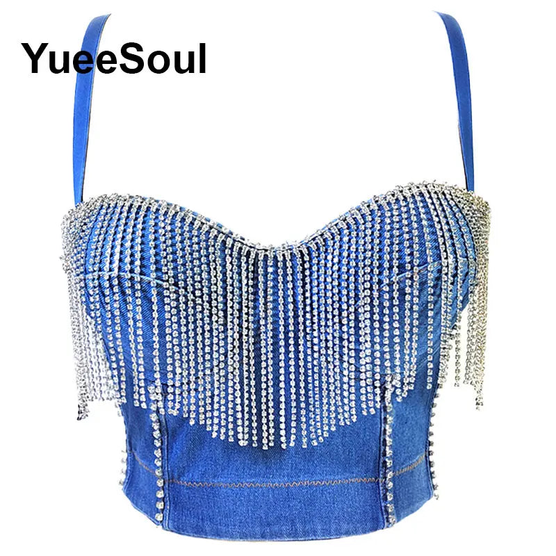 Denim Crop Tops Pearl Tassel Diamond Flower Blue Sleeveless Sexy Corset 2000s 2026 Summer New Y2K Party Evening Woman Clothes