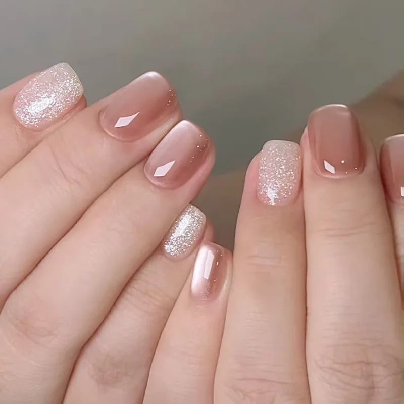 24pcs Cute Girly Short Square False Nails Sweet White French Nail Glitter Star Rhinestones Nail Art Cat Eye Bow Press On Nails