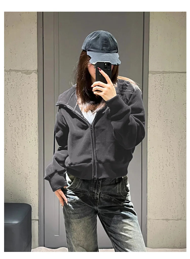 Hooded Korean Fashion Cropped Sweatshirts Autumn Solid Color Hoodie Drawstring Pockets Loose Zipper Hoodies Female Sweatshirt