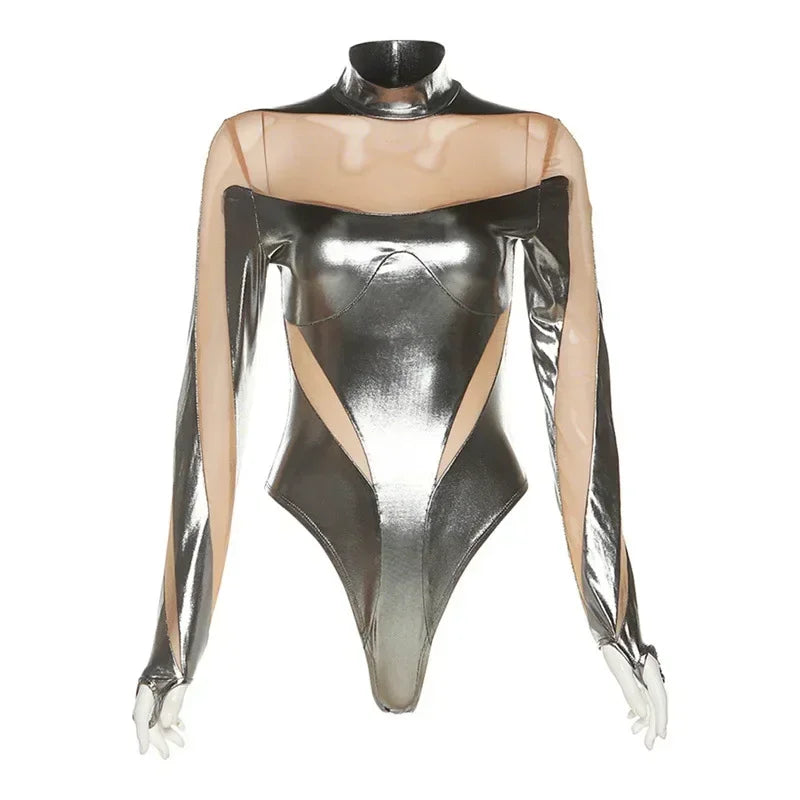 Cosplay Disfraz Halloween 2024 Women Game Movie Tight Jumpsuit Alien Robot Mesh Hollow Silver Strip Bodysuit Costumes Carnival