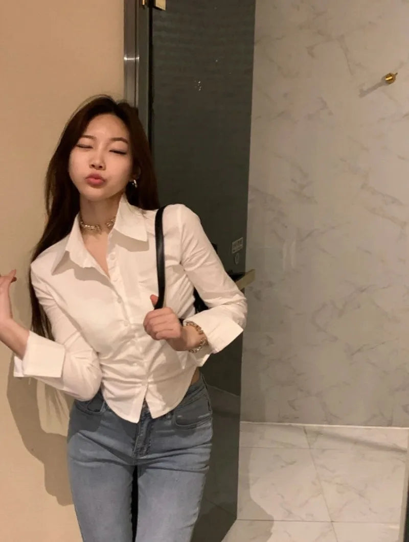 Long Sleeved Women's Solid Shirt Korean Sexy Slim Fit Waist Hugging Short Shirt Blouse Women Elegant Office Work Clothes