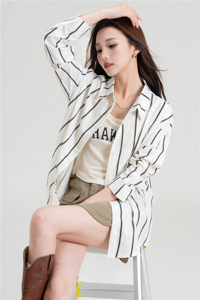 Korean Loose Striped Shirt Women Autumn Casual Blouse Oversized Long Sleeve Turn Down Collar Top French Chic Office Lady Clothes