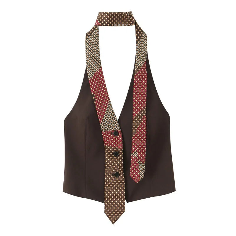 Summer Halter Neck Sleeveless Backless With Tie Decoration Tank Tops Women Buttons Decoration Versatile Tops Female Sexy Wear