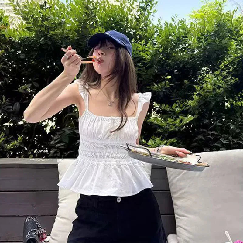 Gaono Women Sleeveless Low Cut Peplum Tank Tops Fairy Cute Ruched Camisole Summer Coquette Tie Up Strap Crop Tops Y2k Clothes