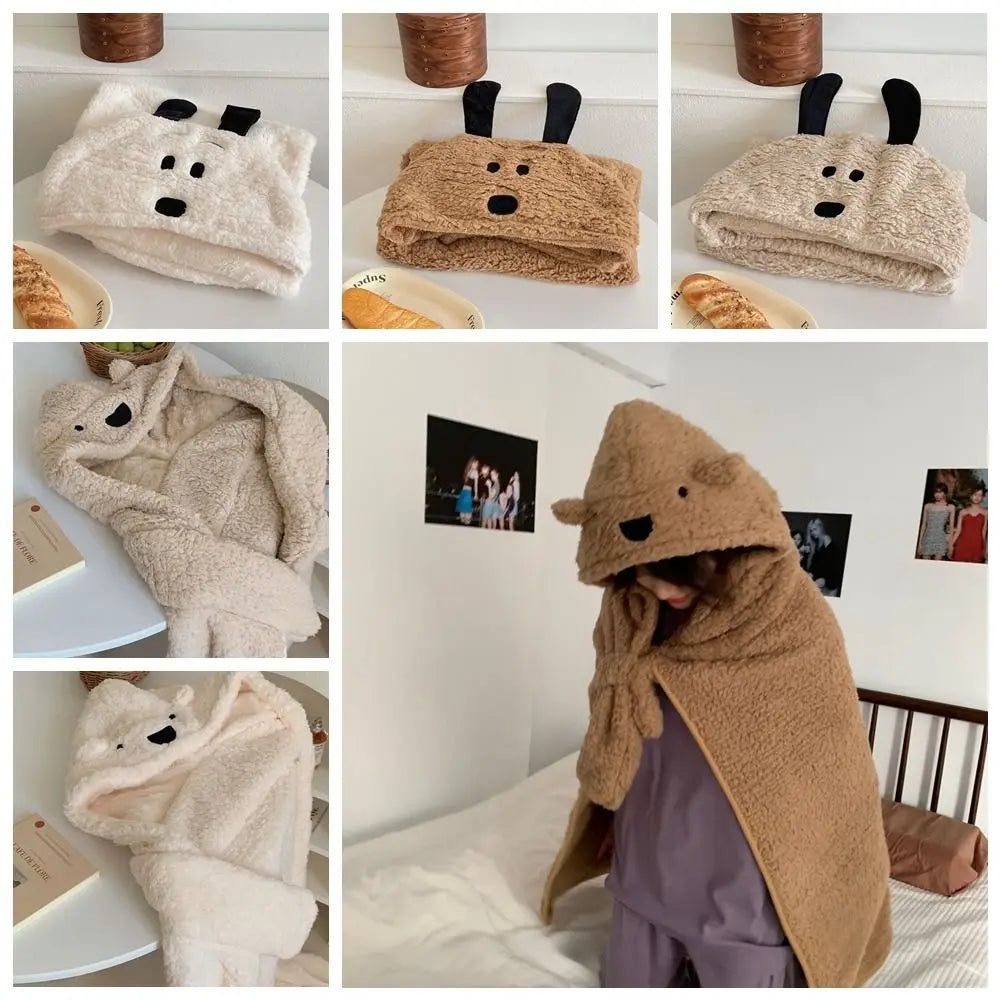 Winter Kawaii Bear Hooded Blanket Soft Keep Warm Blanket Shawl Throw Blanket Fleece Material Wearable Blanket Winter Season