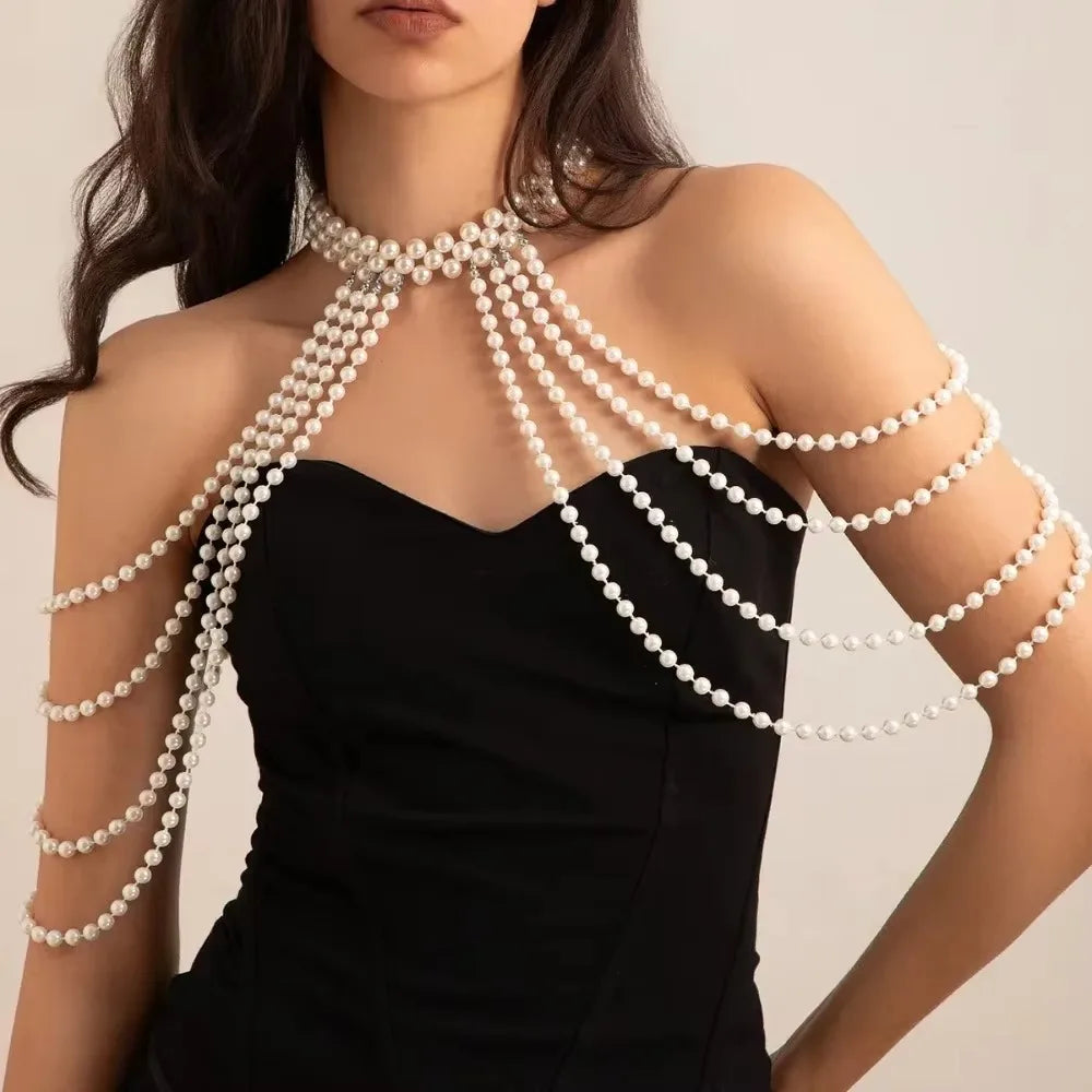 New Imitation Pearl Body Chain Beaded Collar Shoulder Big Necklaces Shawl Bridal Jewelry Sweater Long Chain Women Sexy Jewelry