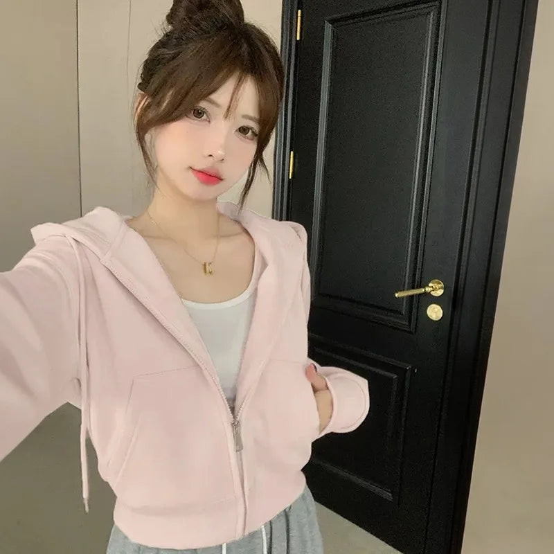Hooded Korean Fashion Cropped Sweatshirts Autumn Solid Color Hoodie Drawstring Pockets Loose Zipper Hoodies Female Sweatshirt