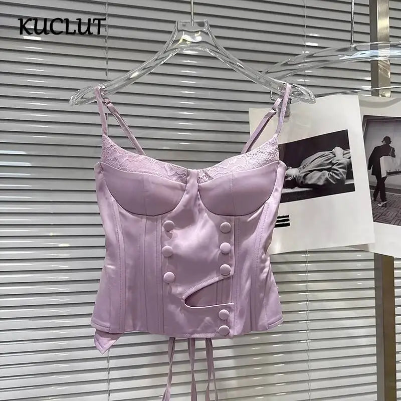 KUCLUT 2026 Summer New Fashion Versatile Strap Double-Breasted Fishbone Waist-Cinching Bandage Padded Camisole For Women 1A3432