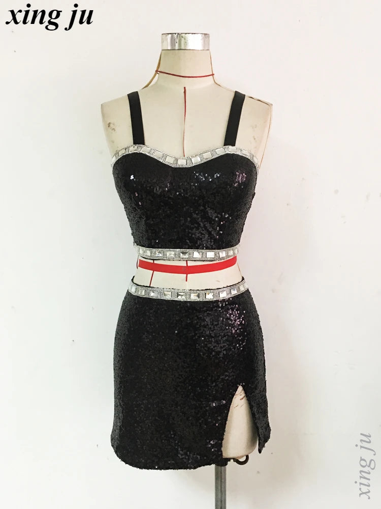 Kpop Korean Singer Women Y2k Stage Dance Shiny Sling Tops Jazz Dancewear Performance Costume Sequins Skirt Sexy Festival Outfits