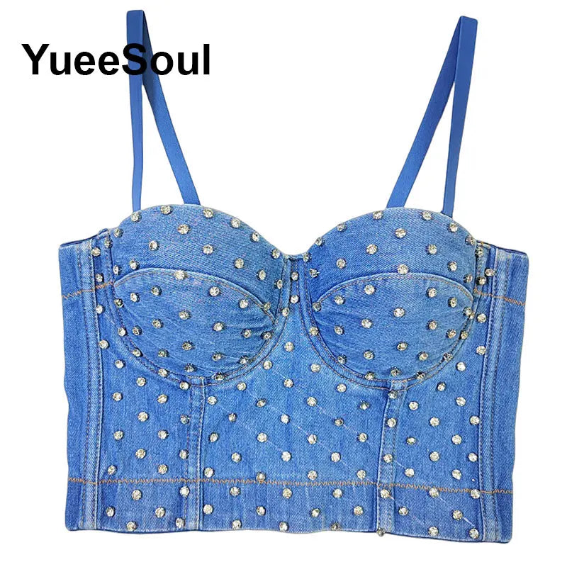 Denim Crop Tops Pearl Tassel Diamond Flower Blue Sleeveless Sexy Corset 2000s 2026 Summer New Y2K Party Evening Woman Clothes