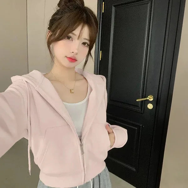 Hooded Korean Fashion Cropped Sweatshirts Autumn Solid Color Hoodie Drawstring Pockets Loose Zipper Hoodies Female Sweatshirt