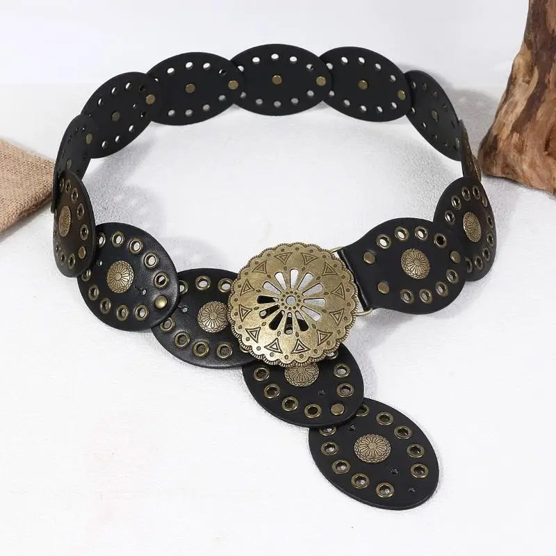 New Ladies Bohemian Western Cowboy Punk Style Belt Fashion Accessory Hollow Out Flower Buckle Oval Splicing Design