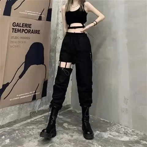 New Fashion Black Pants Women 2025 Detachable Casual Korean Cargo Wide Leg Pant Woman