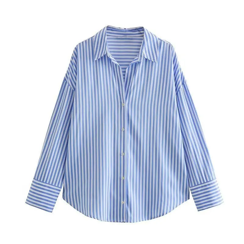 Striped Collar Shirt Oversized Single Long Sleeve Shirt Casual Stylish Loose Chic Button Shirt Spring Womens Versatile Top