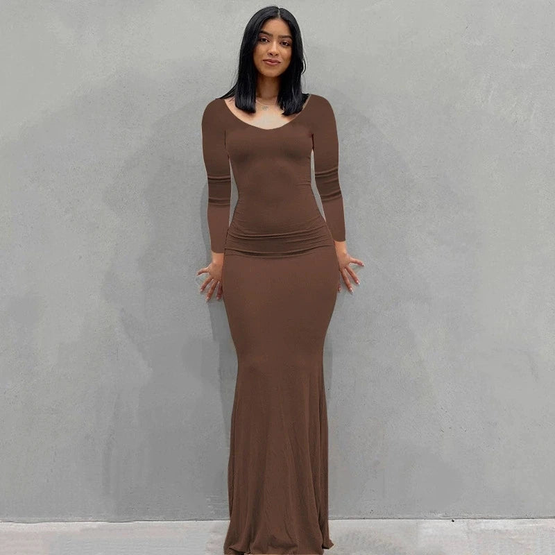 Trend Solid Color Slim Long Dresses Women Spring Autumn New Long Sleeve O Neck Package Hip Bodycon Dress Vestido Lady Streetwear