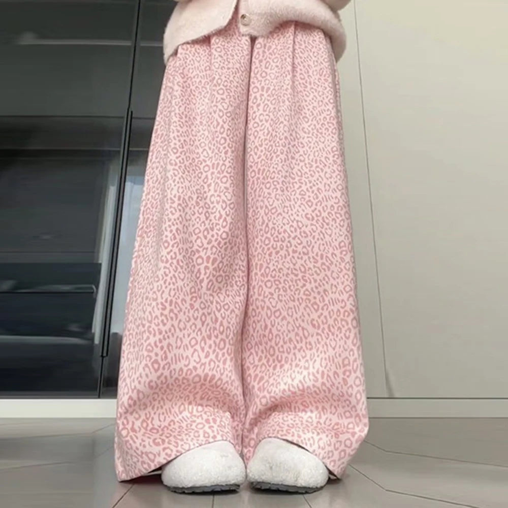Pink leopard print fleece pants children's 2026 new autumn and winter retro lazy wind loose and thin casual wide-leg pants