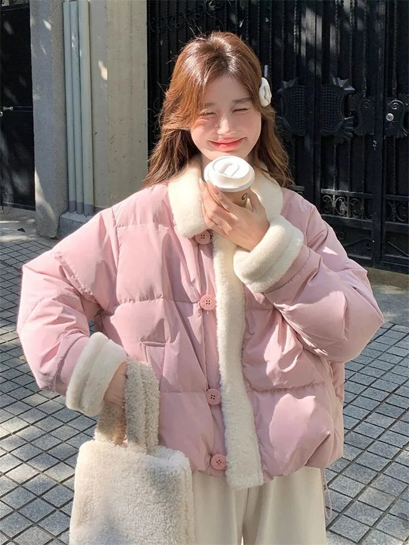 2026 Winter New Korean Gentle Age Reducing Collar Splicing Cotton  Jacket Women's Splicing Cotton Jacket Fashion Pink And Blue