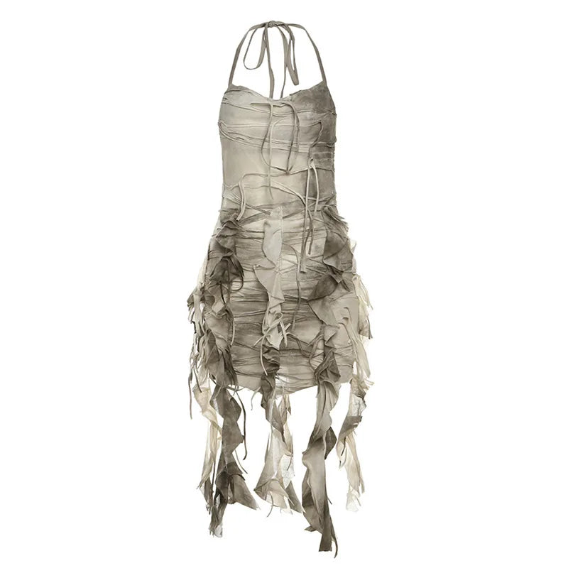 Tie-Dye Halter Tassel Ruched Backless Pleated Mini Dress | Inspired by Beren Saat