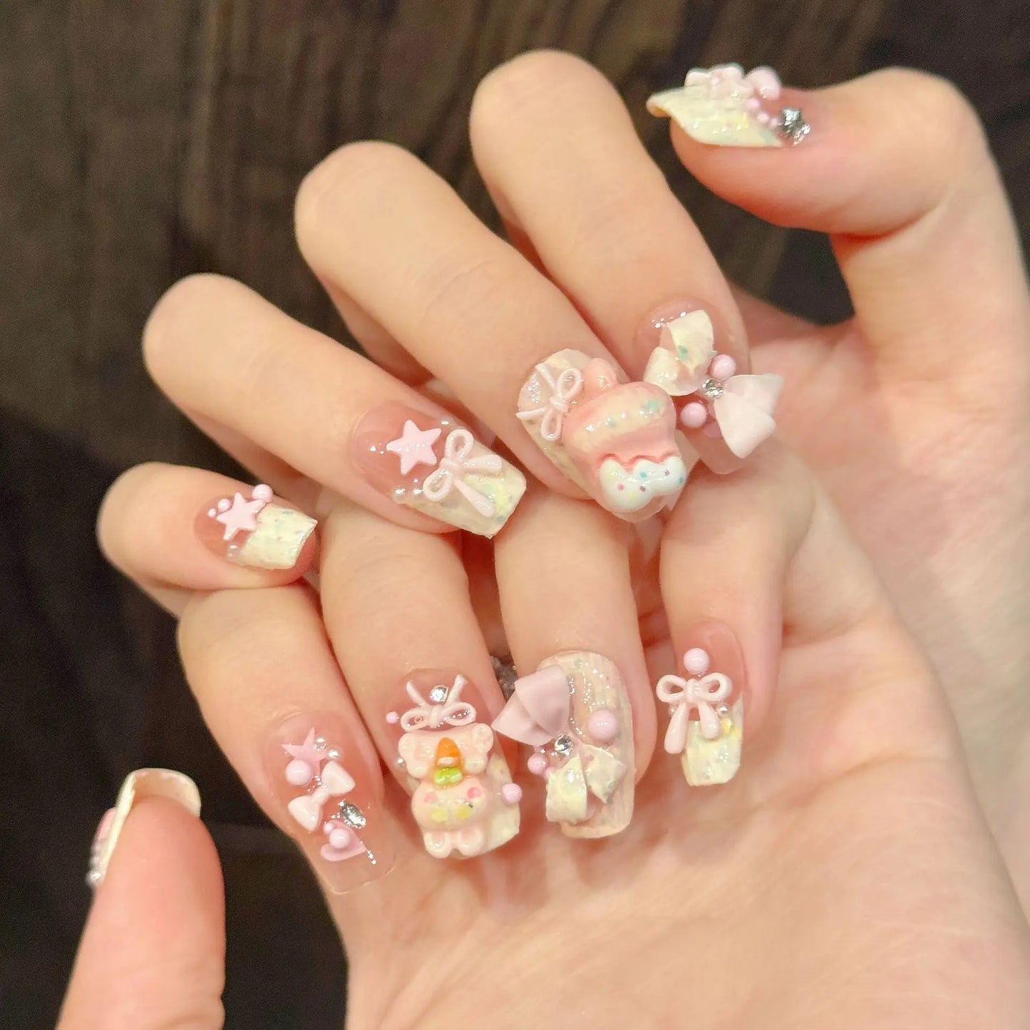 10pcs Handmade Pink Press on Nails Sweet Cute Strawberry Bow Decor Fake Nail Tips Wearable 3D Cute Rabbit Korean False Nails
