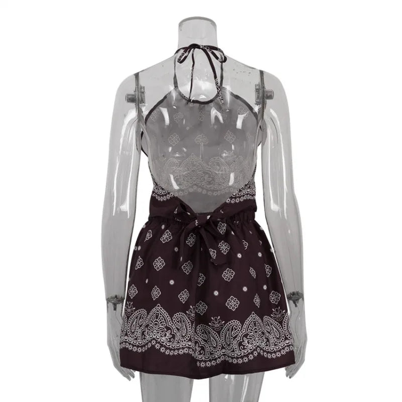 BWQ Vintage Print Dress Sets Women Sexy Summer Lace-up Top High-Waisted Mini Skirt Set Hot Girl Party Vacation Dress Sets